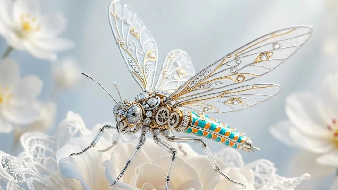 A mechanical dragonfly with filigree wings and a turquoise enameled body rests on a white rose edged with lace.