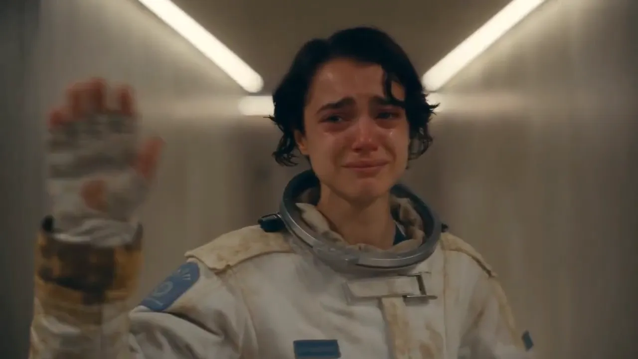 A tearful astronaut in a worn white suit raises a gloved hand in a bright corridor.