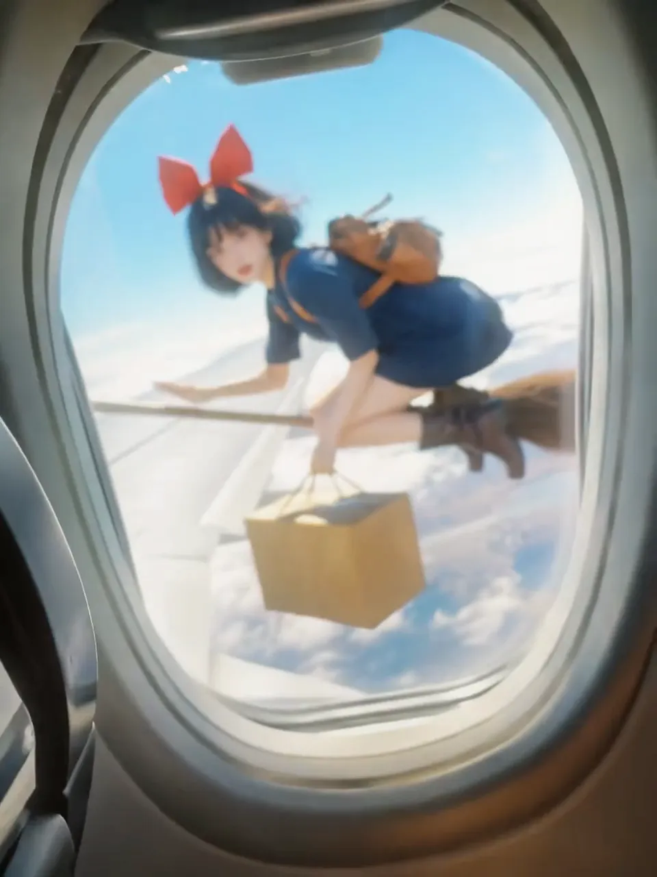 A young witch with a red bow flies her broom past an airplane window.