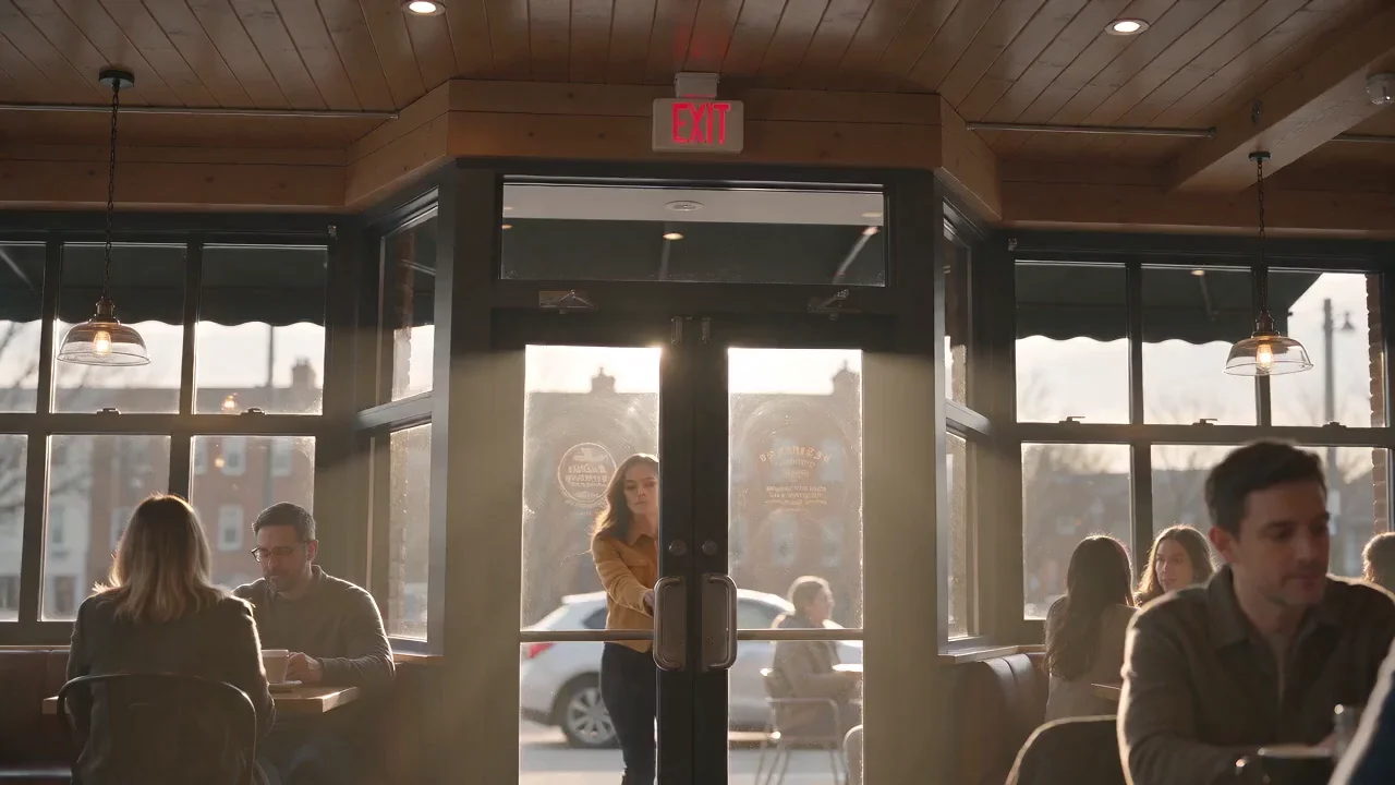 Seedance 2.0 Mini output for the same prompt: the woman settles at a brick-walled café window and opens her laptop.