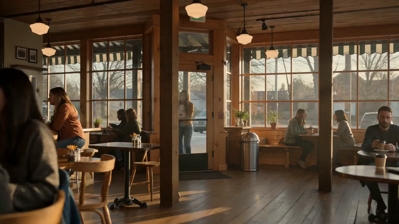 Seedance 2.0 output: a woman in a tan jacket walks into a sunlit café and opens her laptop at a window table.