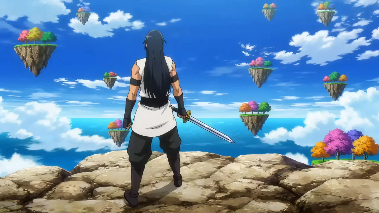 An anime swordsman leaps between floating islands under a bright blue sky.