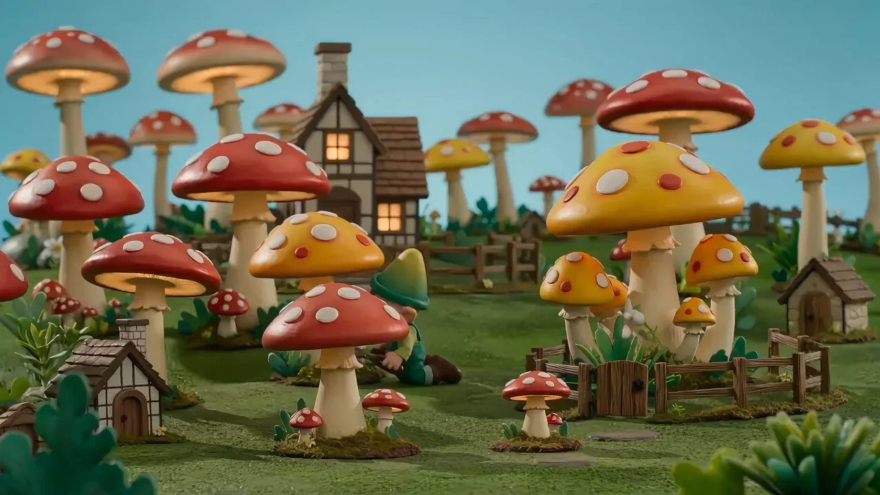 Clay gnomes wander a village of giant red and yellow mushrooms.