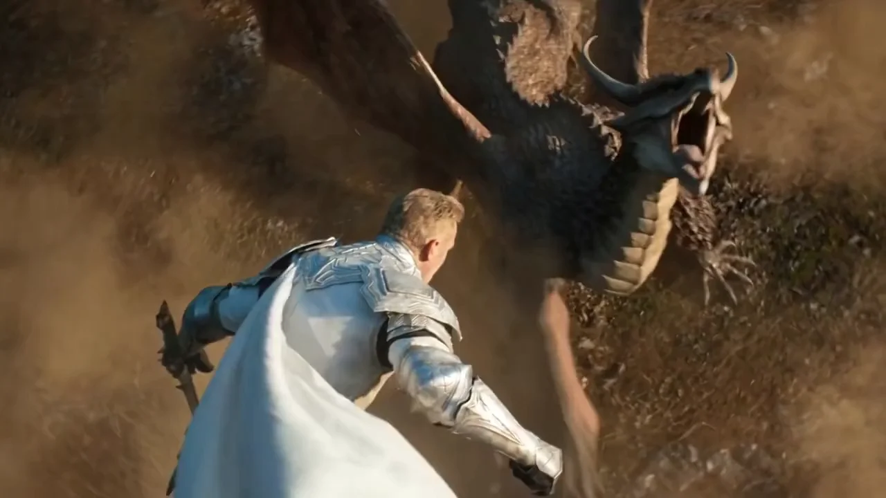 A knight in a white cloak faces a horned dragon on a dusty plain.