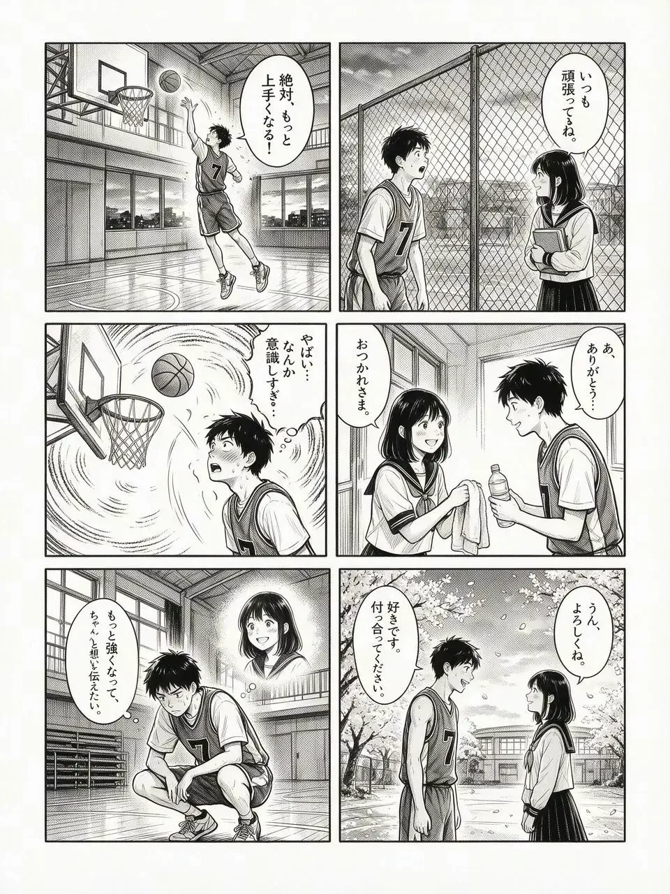 A six-panel black-and-white manga page in Japanese about a high school basketball player and a classmate.