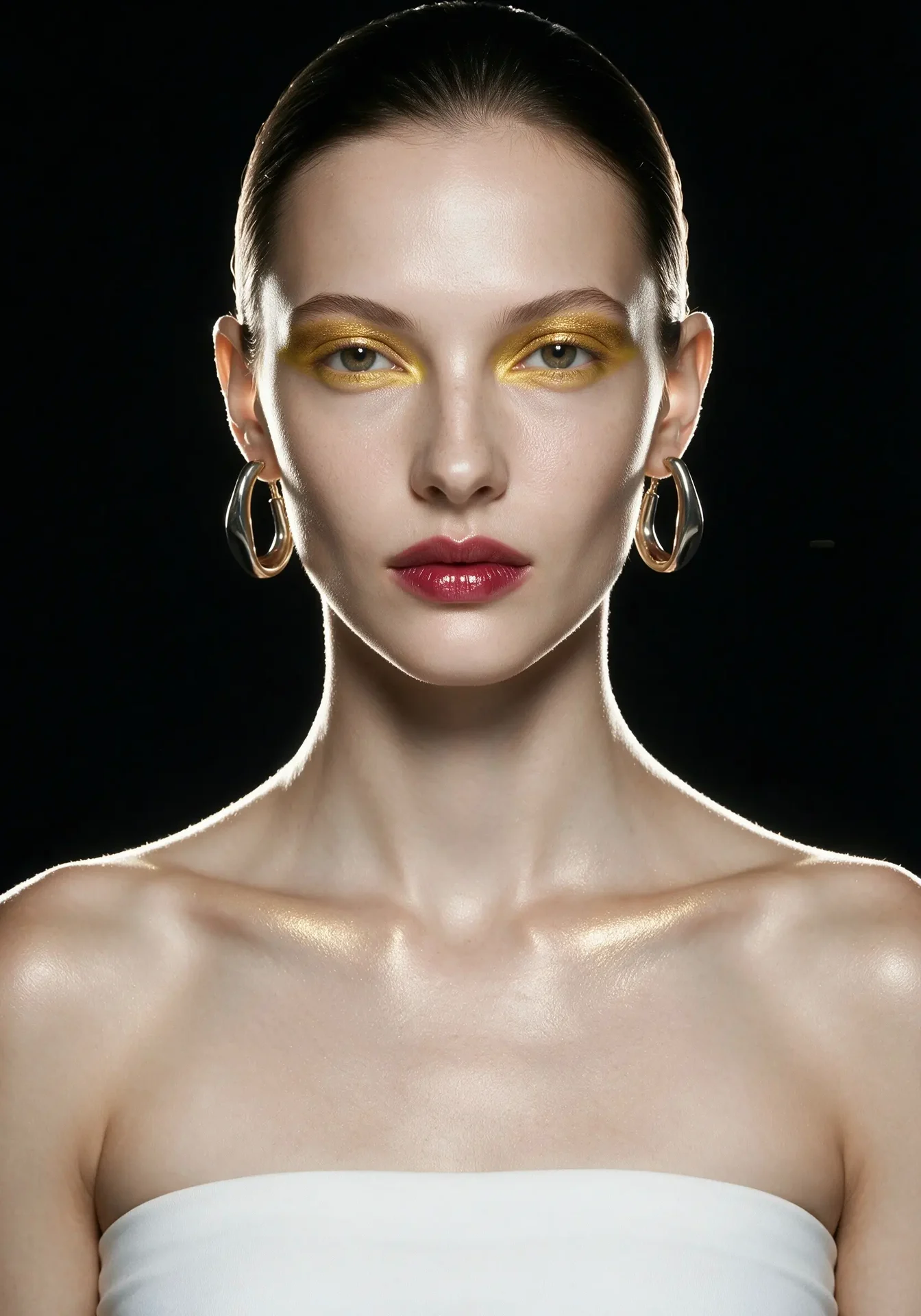 A model with gold eyeshadow, red lips and sculptural silver earrings against a black background.