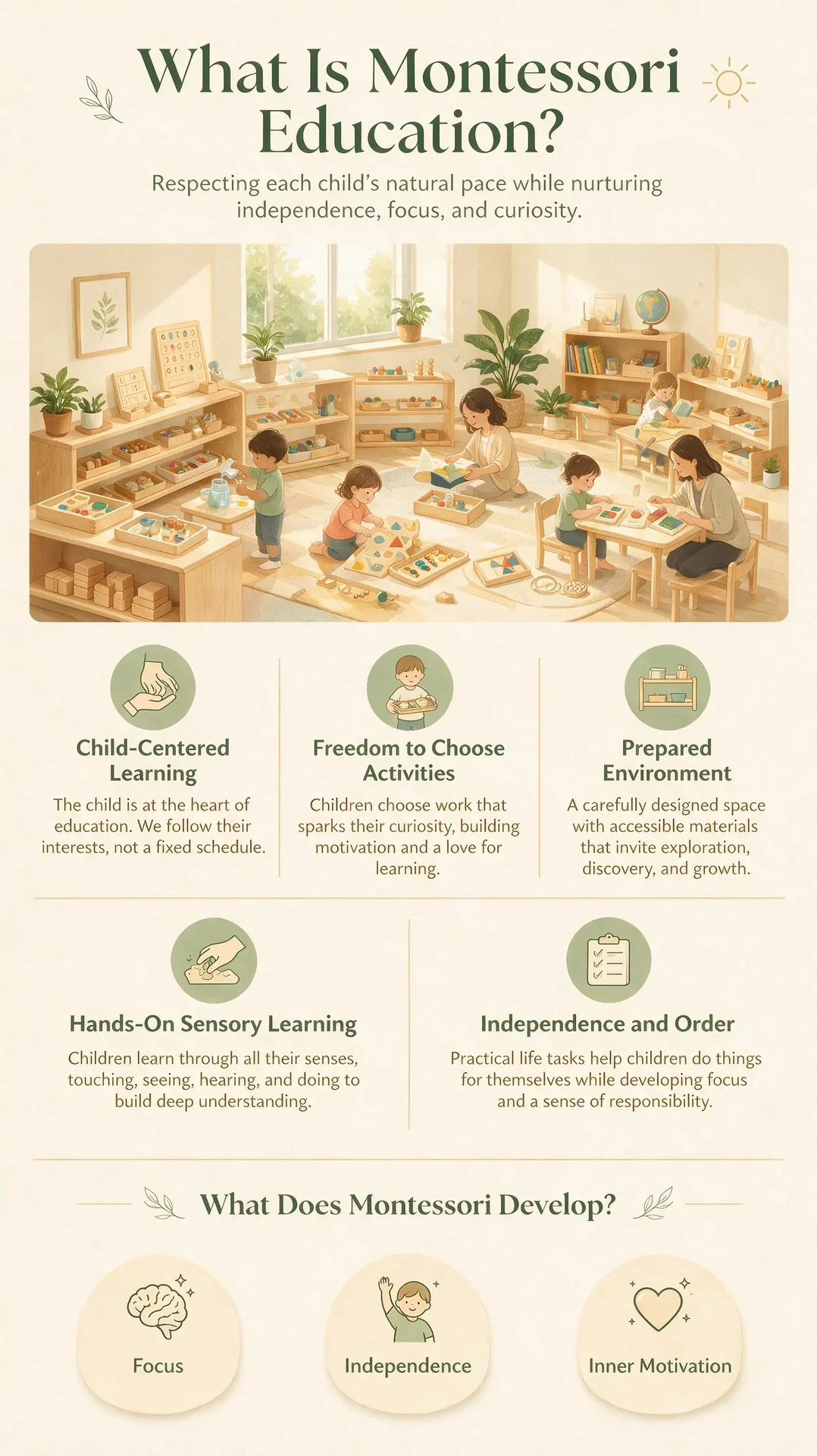 A vertical infographic titled What Is Montessori Education, with a classroom illustration and five principles.