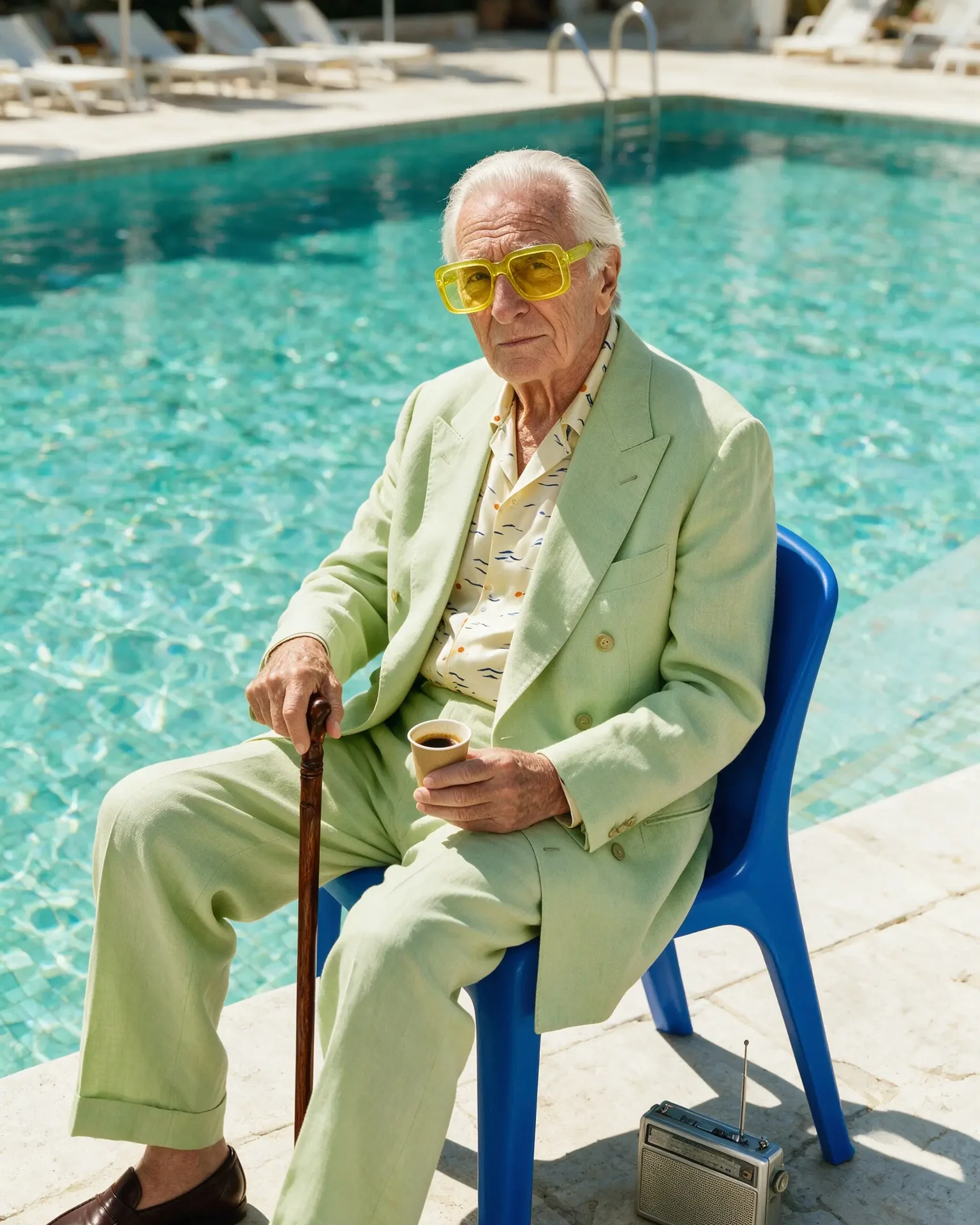 An elderly man in a pale green linen suit and yellow glasses sits on a blue chair beside a hotel pool, holding a cane and a small cup.