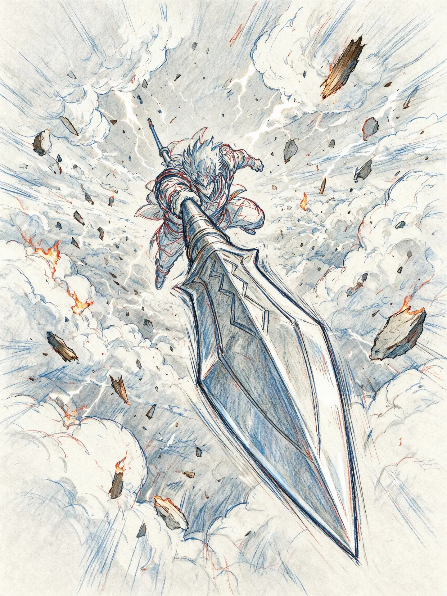 A colored-pencil sketch of a warrior diving down behind a huge sword through clouds and flying rocks.