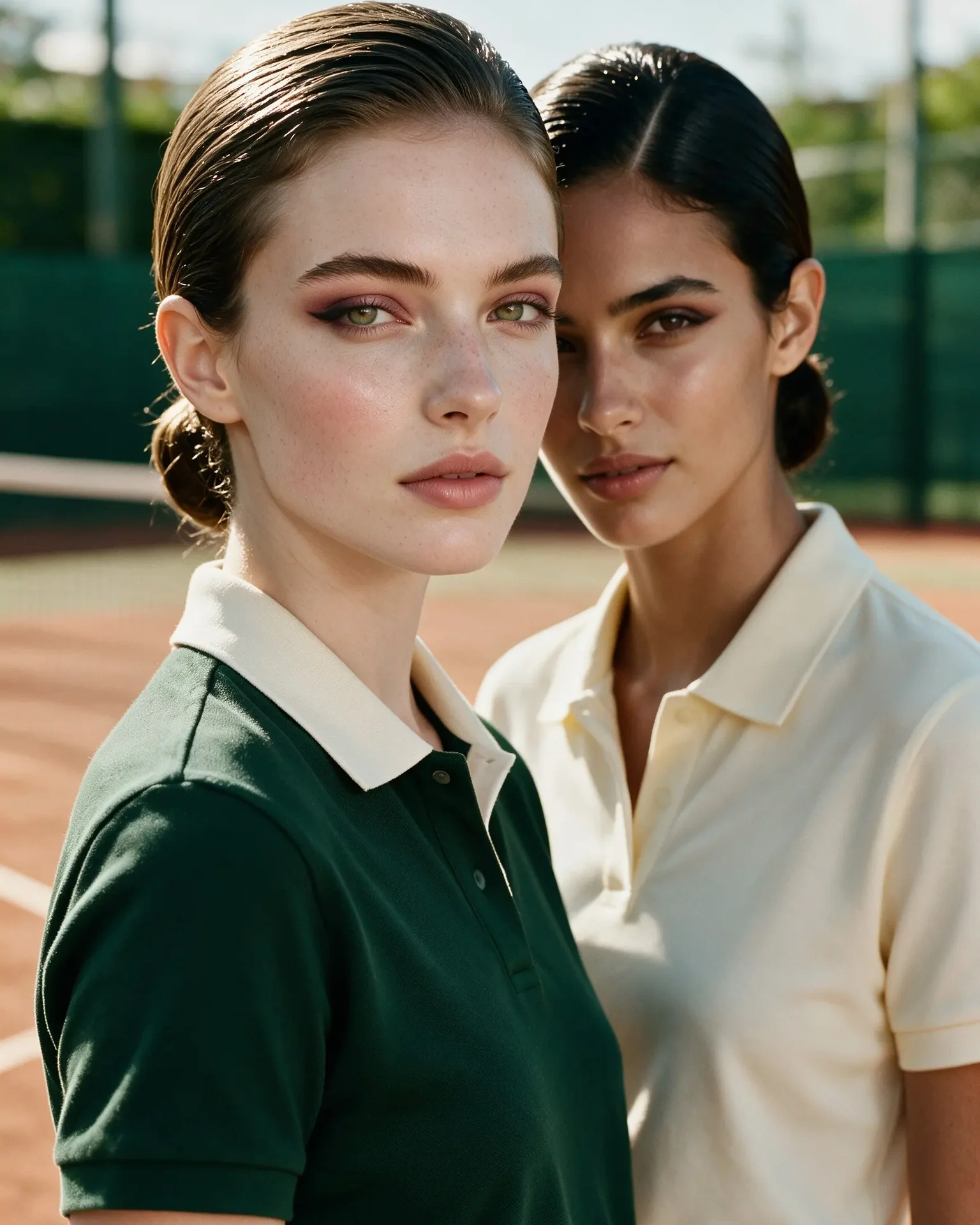 Two women with slicked-back hair and polo shirts pose close together on a clay tennis court.