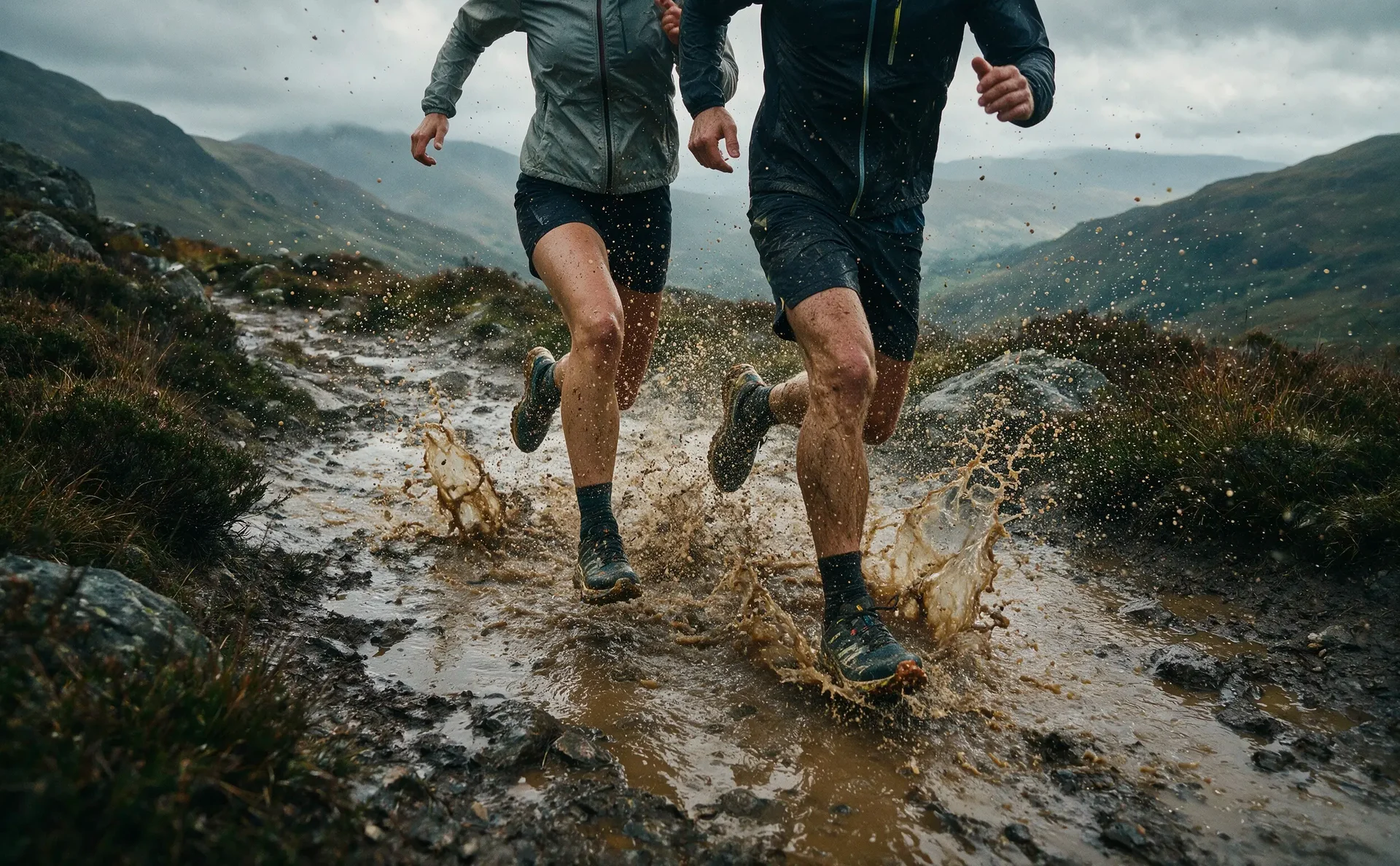Two trail runners splash through a muddy mountain path under a cloudy sky.
