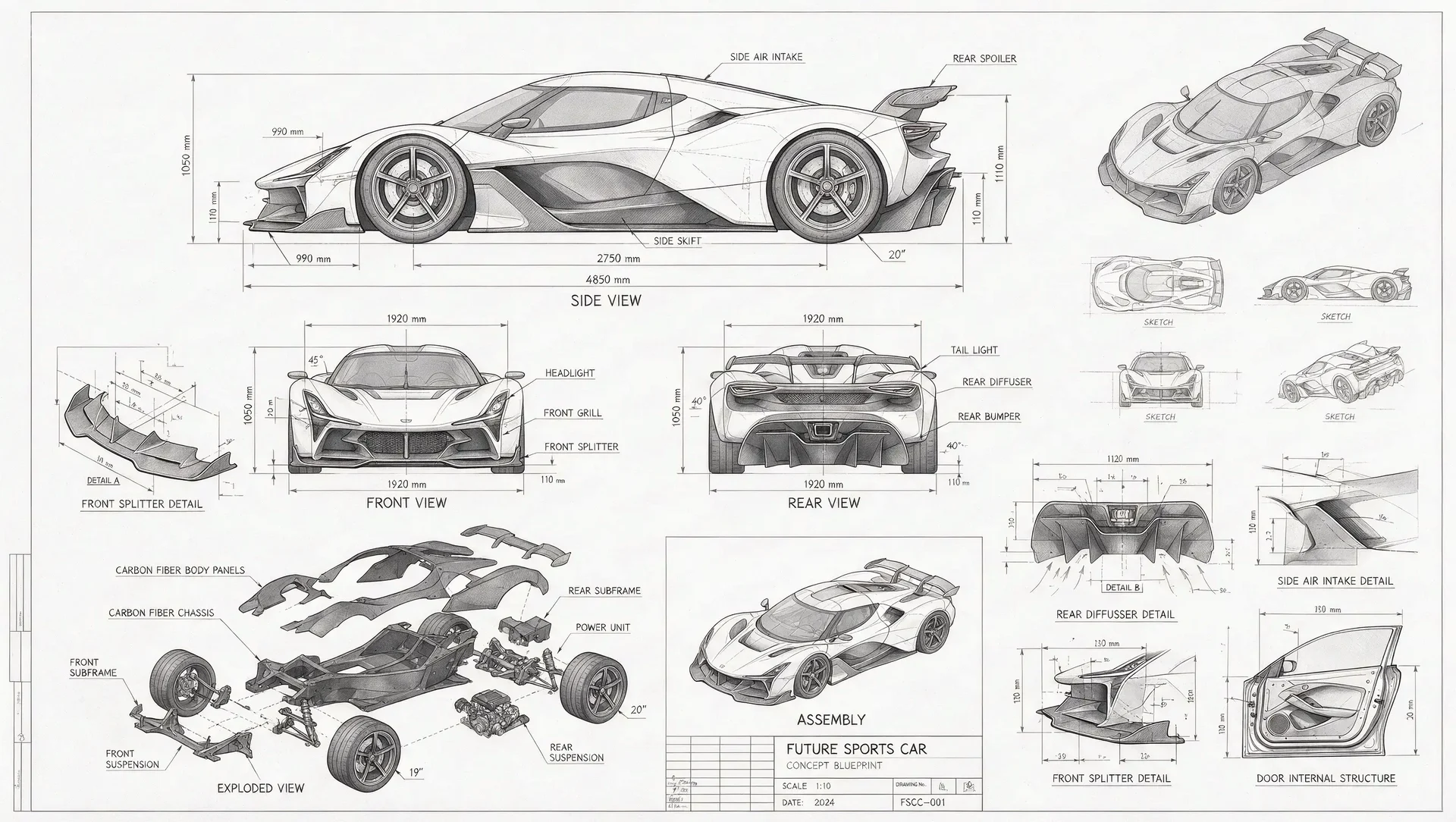 A pencil blueprint of a futuristic sports car with side, front and rear views, an exploded view and dimension lines.