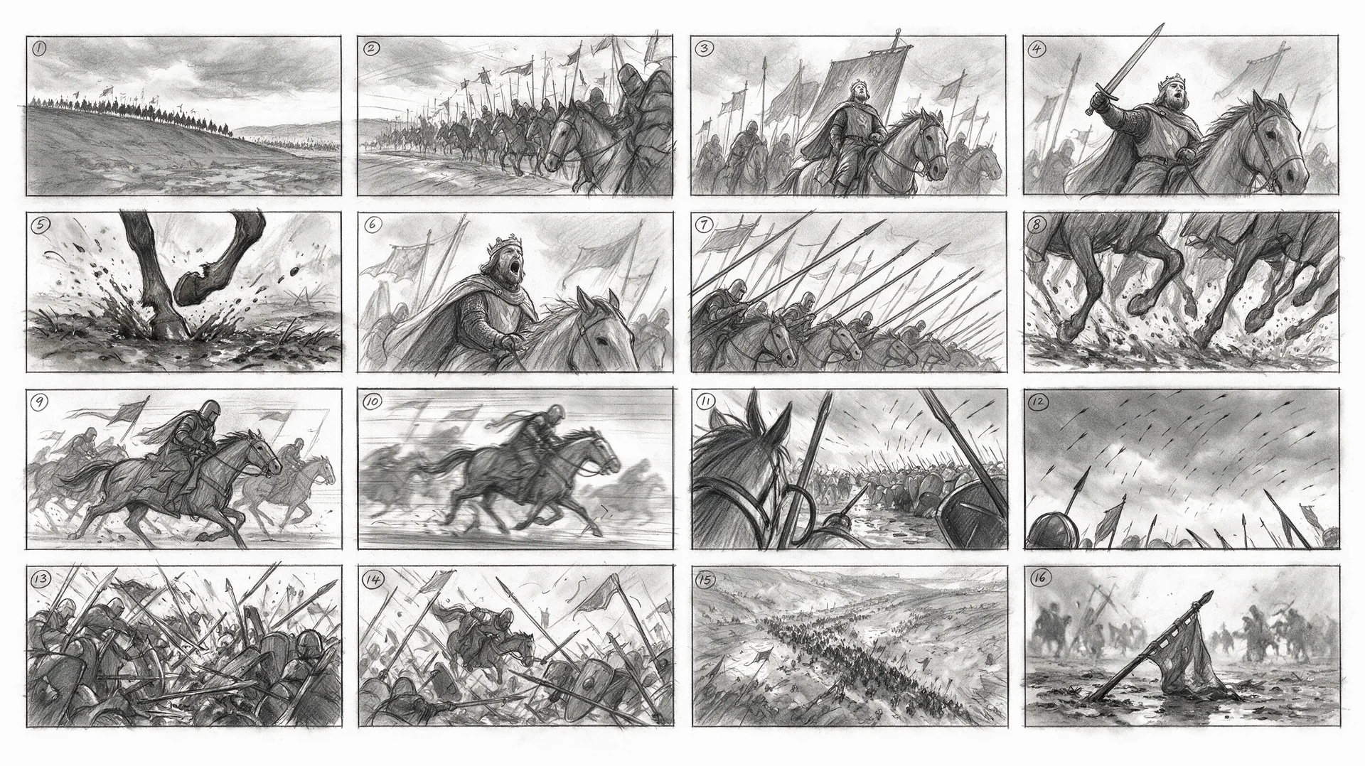 A 16-panel graphite storyboard of a medieval cavalry charge, numbered from the opening landscape to a fallen banner.