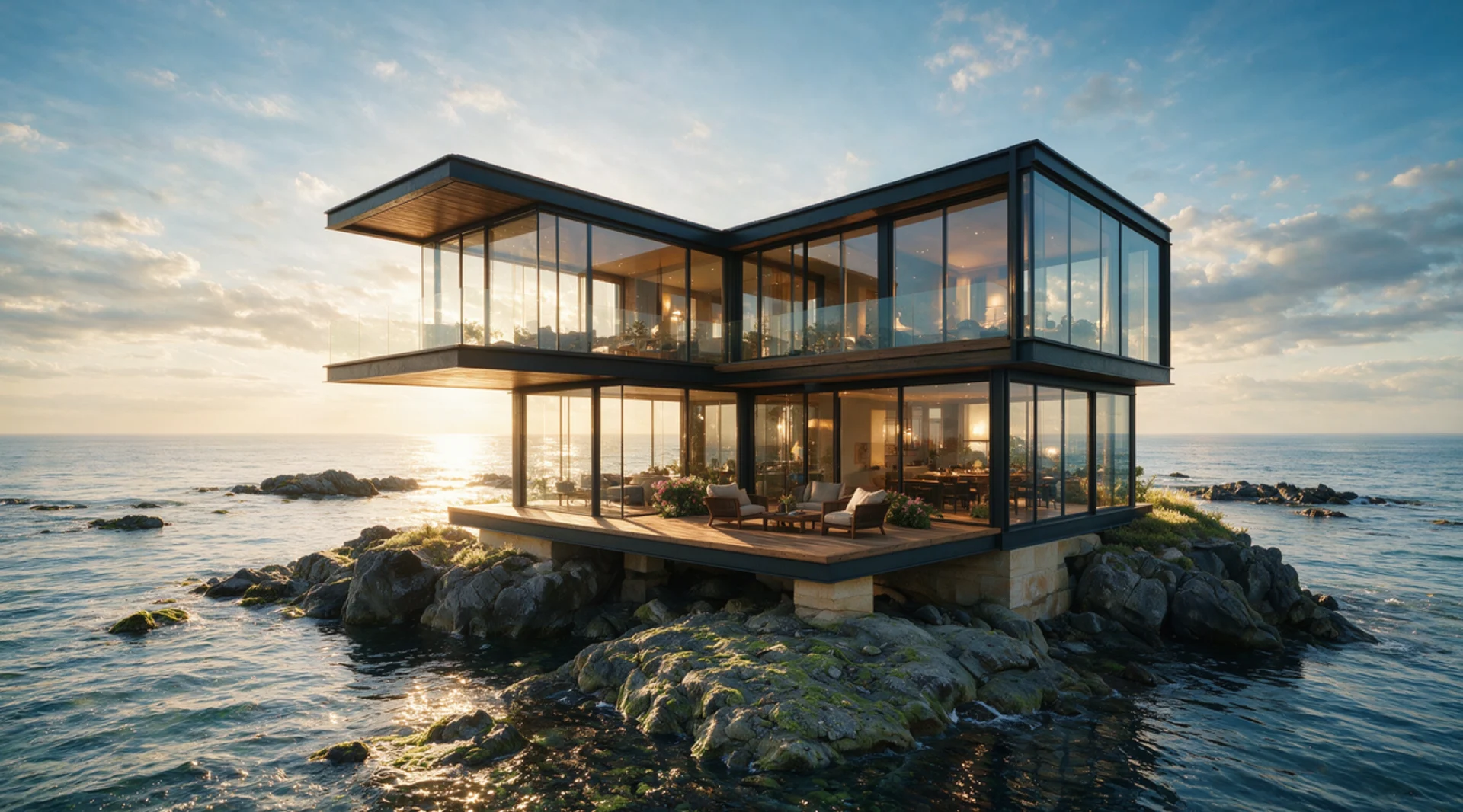 A two-story glass villa with dark metal frames on coastal rocks, lit from inside as the sun sets over the sea.
