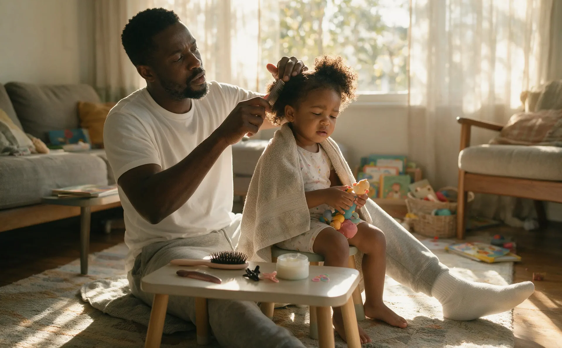 A father in a white T-shirt combs his young daughter's hair in a sunlit living room while she holds a toy.