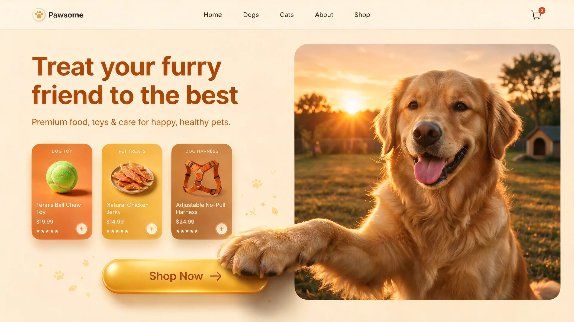 A pet store homepage mockup in sunset tones, where a golden retriever's paw reaches out of its photo onto the Shop Now button.