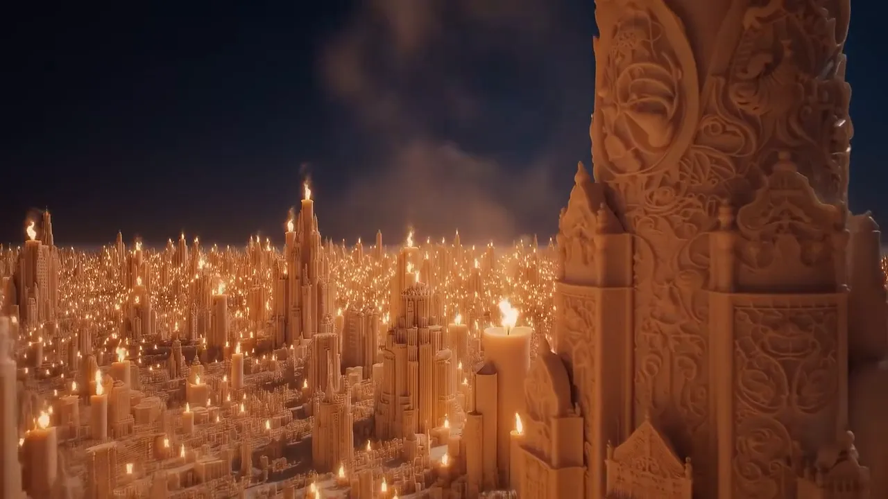 Candles burn across a sprawling miniature city carved from wax at night.