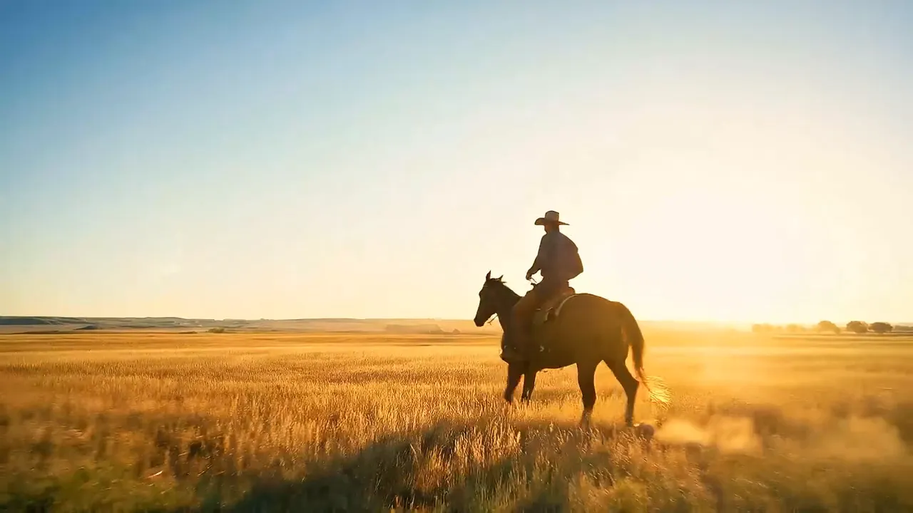 A cowboy rides a horse across a golden prairie at sunset after the camera leaves a dark wooden barn.