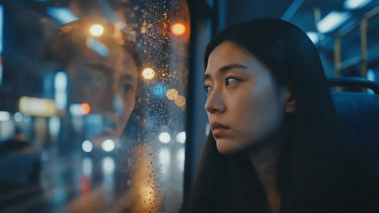 A young woman looks out a rain-streaked bus window at night, city lights blurred behind her reflection.