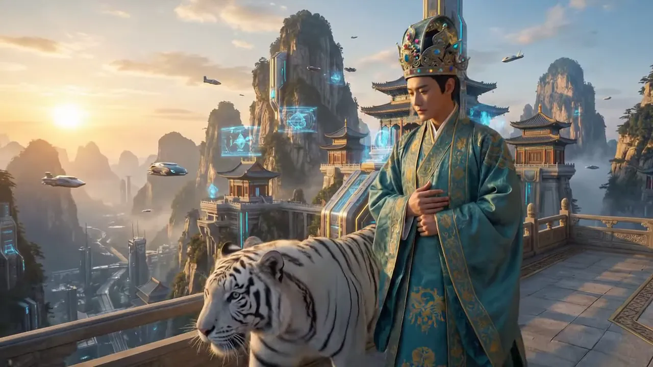 An emperor in teal silk robes and a jeweled crown walks beside a white tiger on a terrace above a futuristic mountain city.