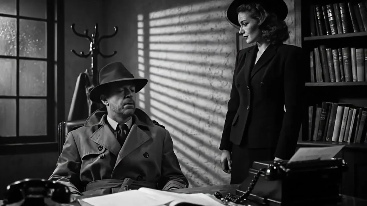 A detective in a trench coat and fedora looks up from his desk at a woman standing in his black-and-white office.