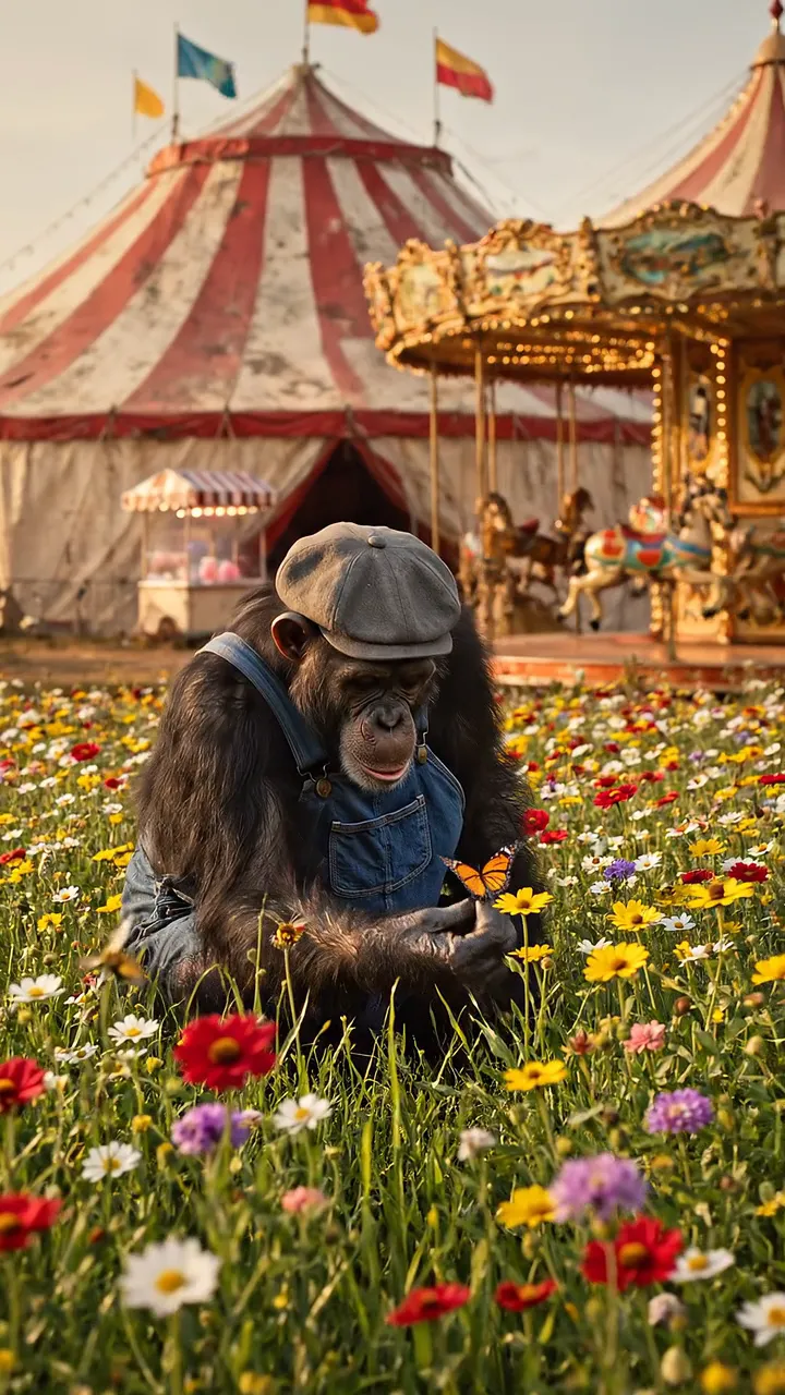 A chimpanzee in a flat cap and denim overalls sits in a flower meadow in front of a circus tent and carousel.