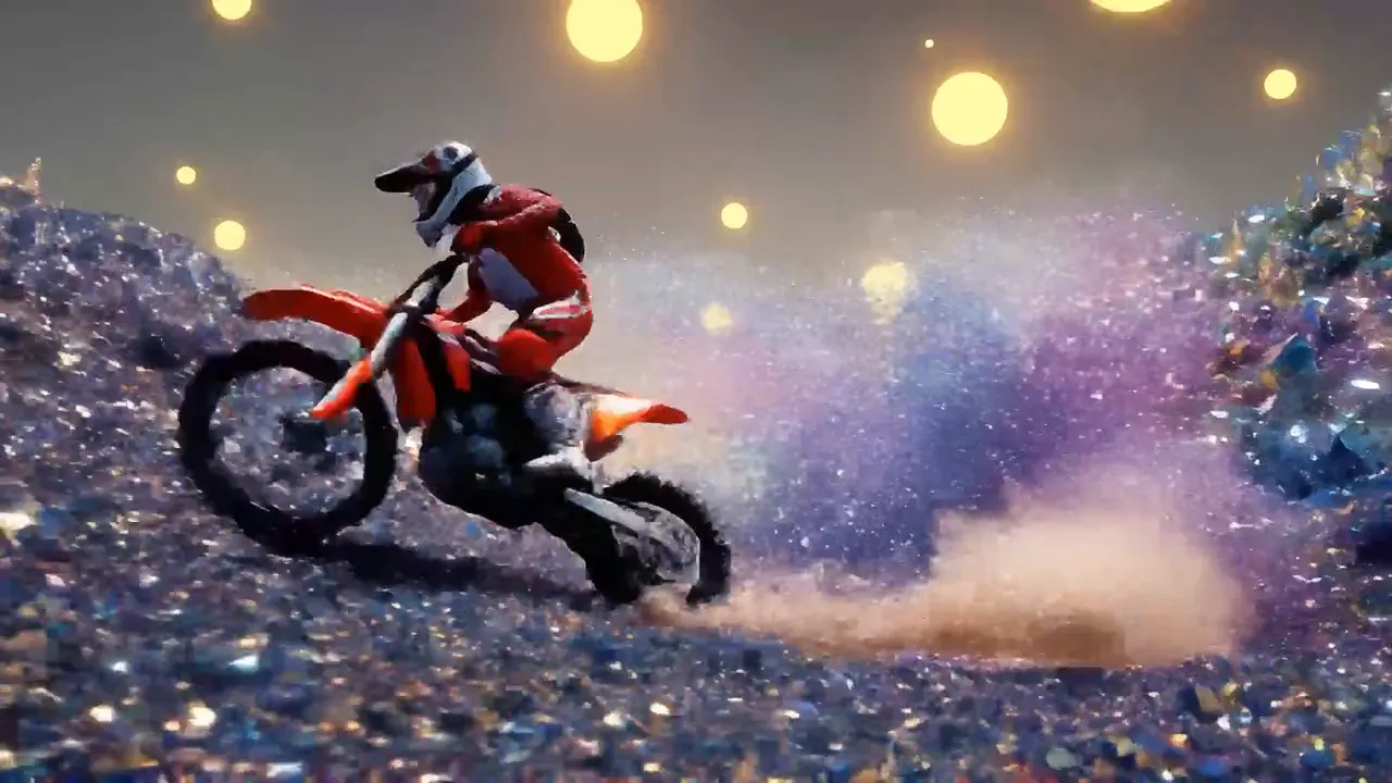 A motocross rider in red climbs a hill of glittering purple crystals under floating golden lights.