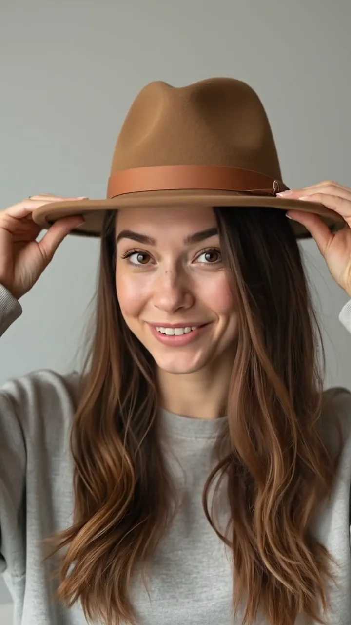 A smiling woman in a grey sweater lifts a brown felt hat onto her head against a plain wall.