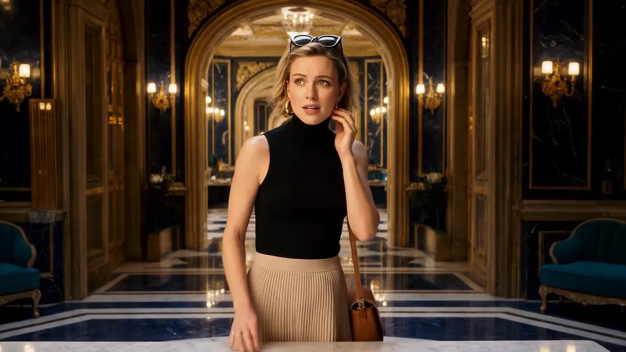 A woman in a black turtleneck with sunglasses on her head stands in a gilded hotel hallway with a checkered marble floor.