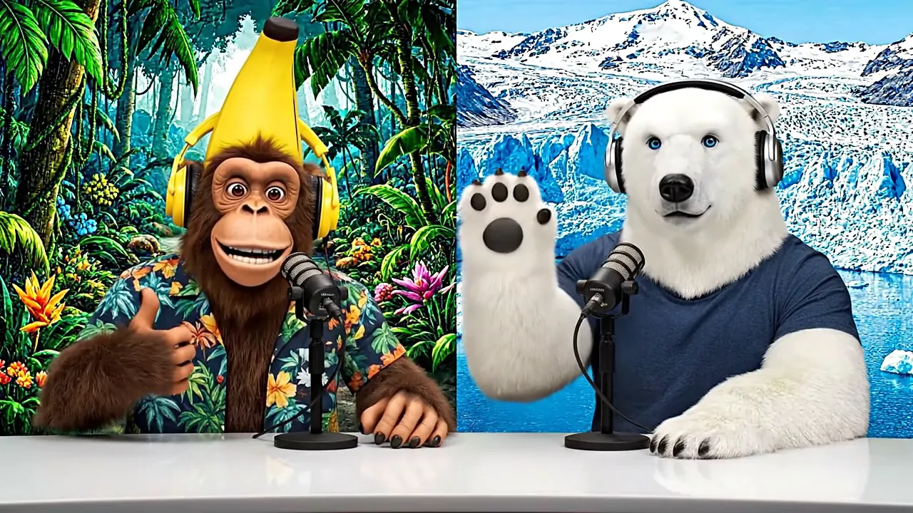 A chimpanzee in a banana hat and a polar bear in headphones host a podcast in front of jungle and glacier backdrops.
