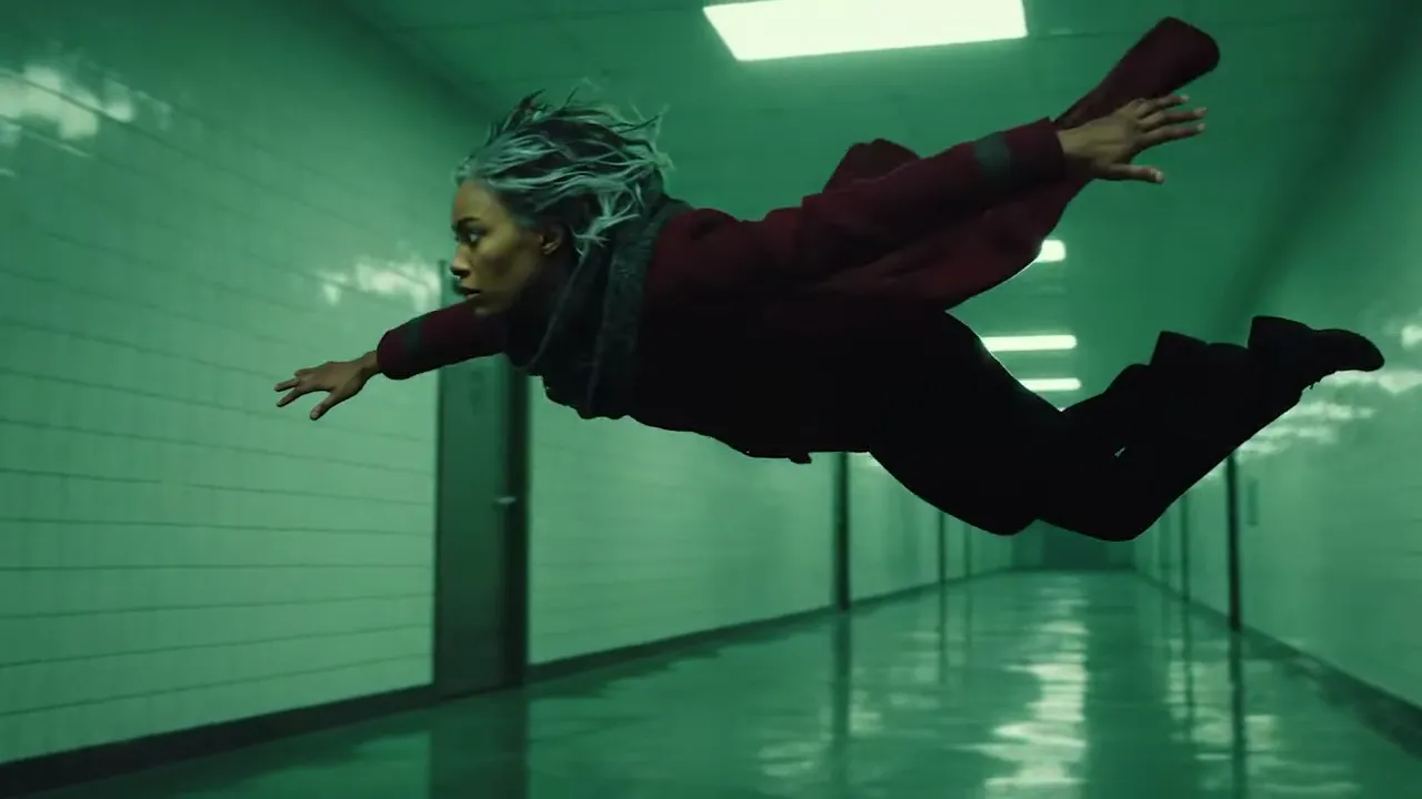 A woman in a dark red trench coat leaps through the air down a green-tiled corridor.