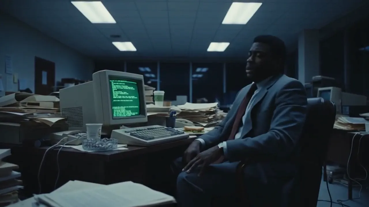 A tired office worker in a suit sits beside a bulky beige computer with a green monochrome screen in a dim 1980s office.