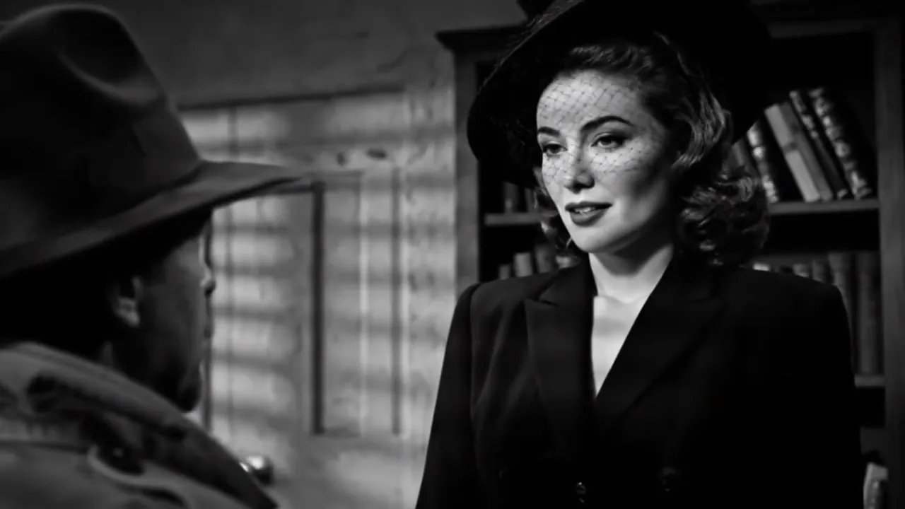 A woman in a veiled hat and dark suit smiles slightly at a man in a fedora in a black-and-white office.