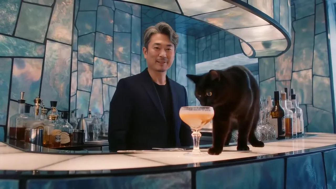A smiling bartender stands behind an iridescent tiled bar as a black cat steps past a cocktail.