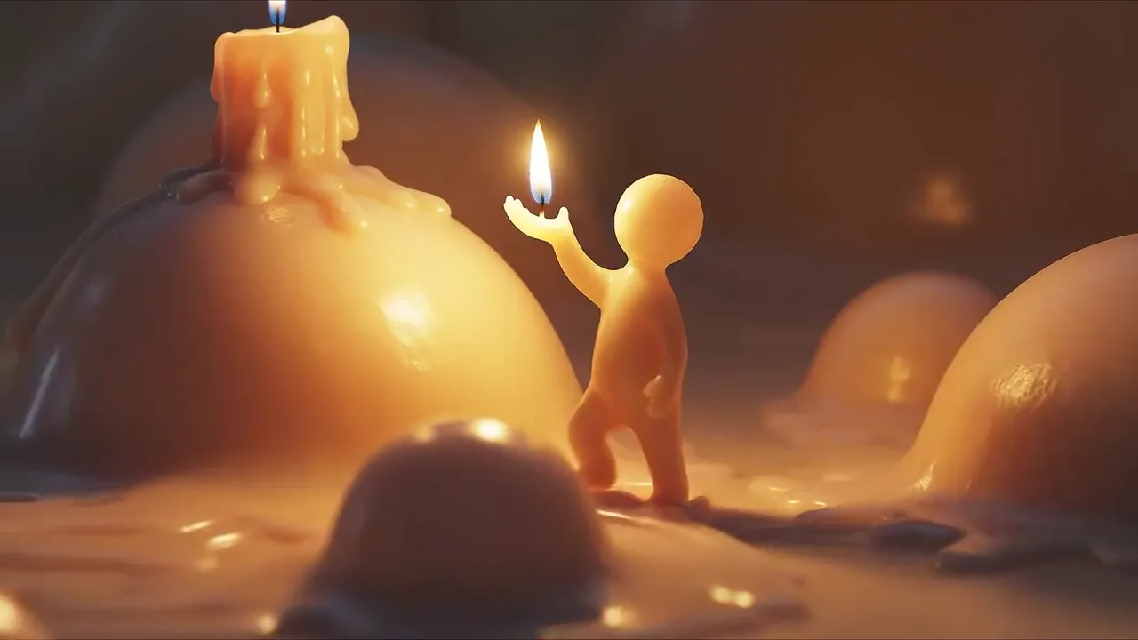 A small wax figure holds a flame aloft as it walks across a landscape of molten wax beside a dripping candle.