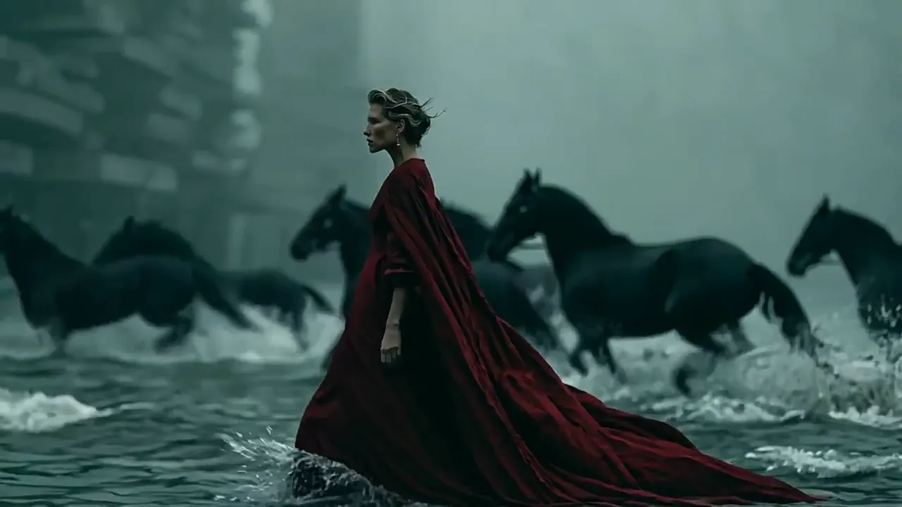 A woman in a long red cape stands in shallow water as black horses gallop past.