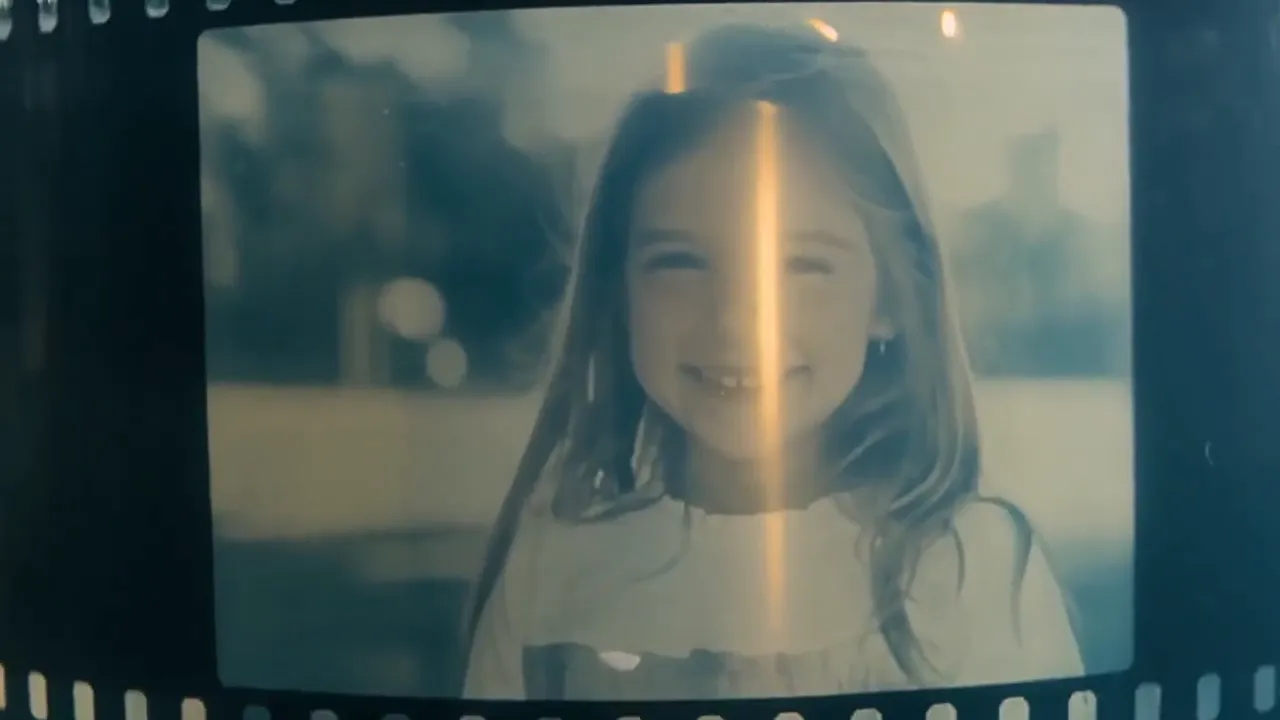 A developing negative shows a smiling girl under amber darkroom light.