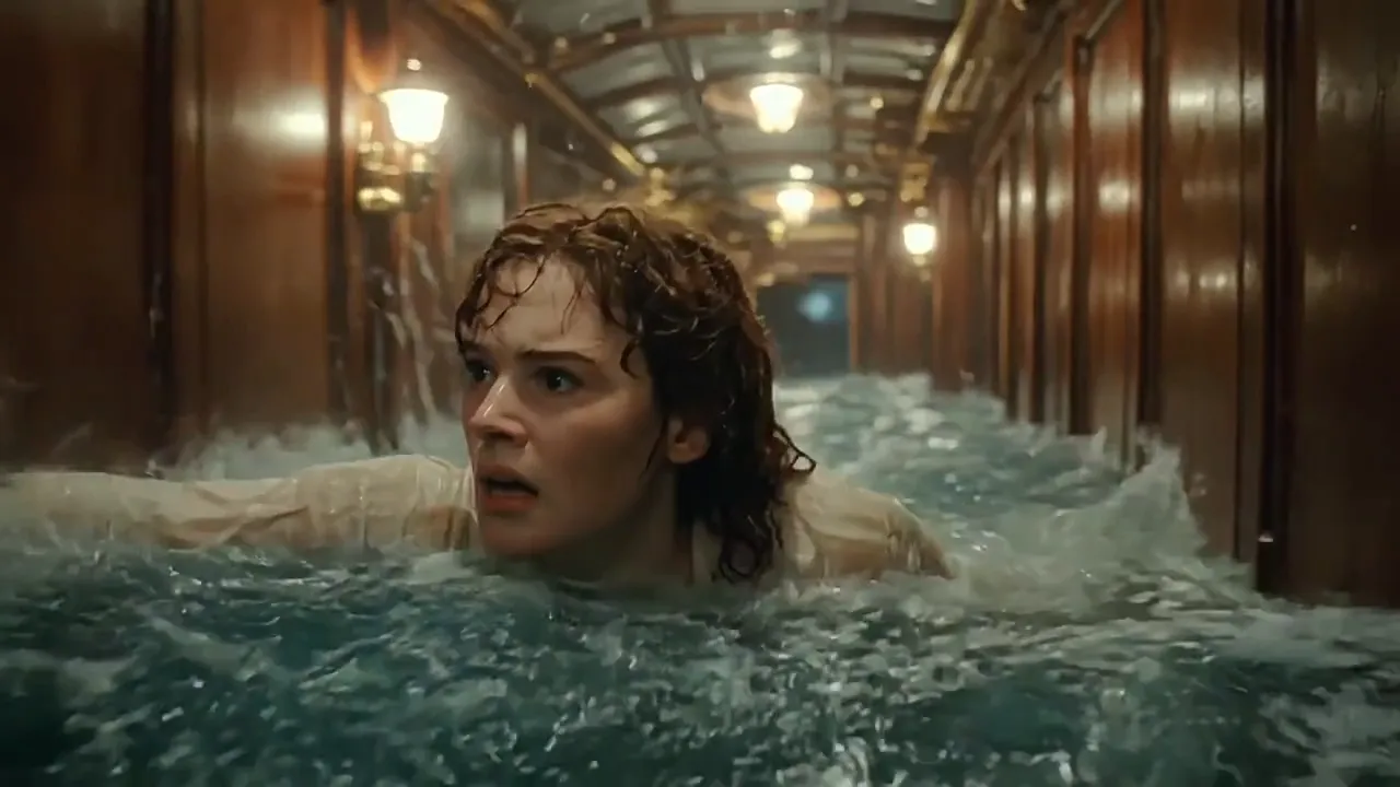 A soaked young woman pushes through seawater flooding a wood-paneled ship corridor.