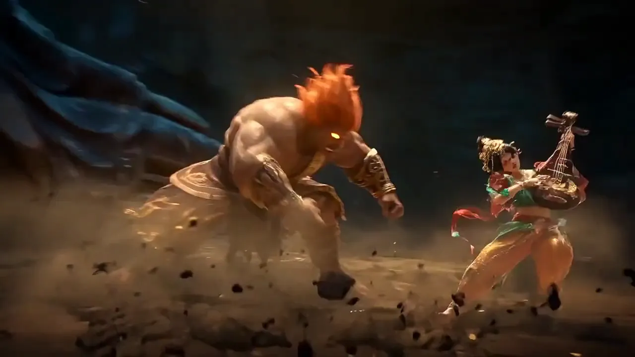 A dancer in a jeweled headdress faces a fiery-haired giant inside a dim cave temple.
