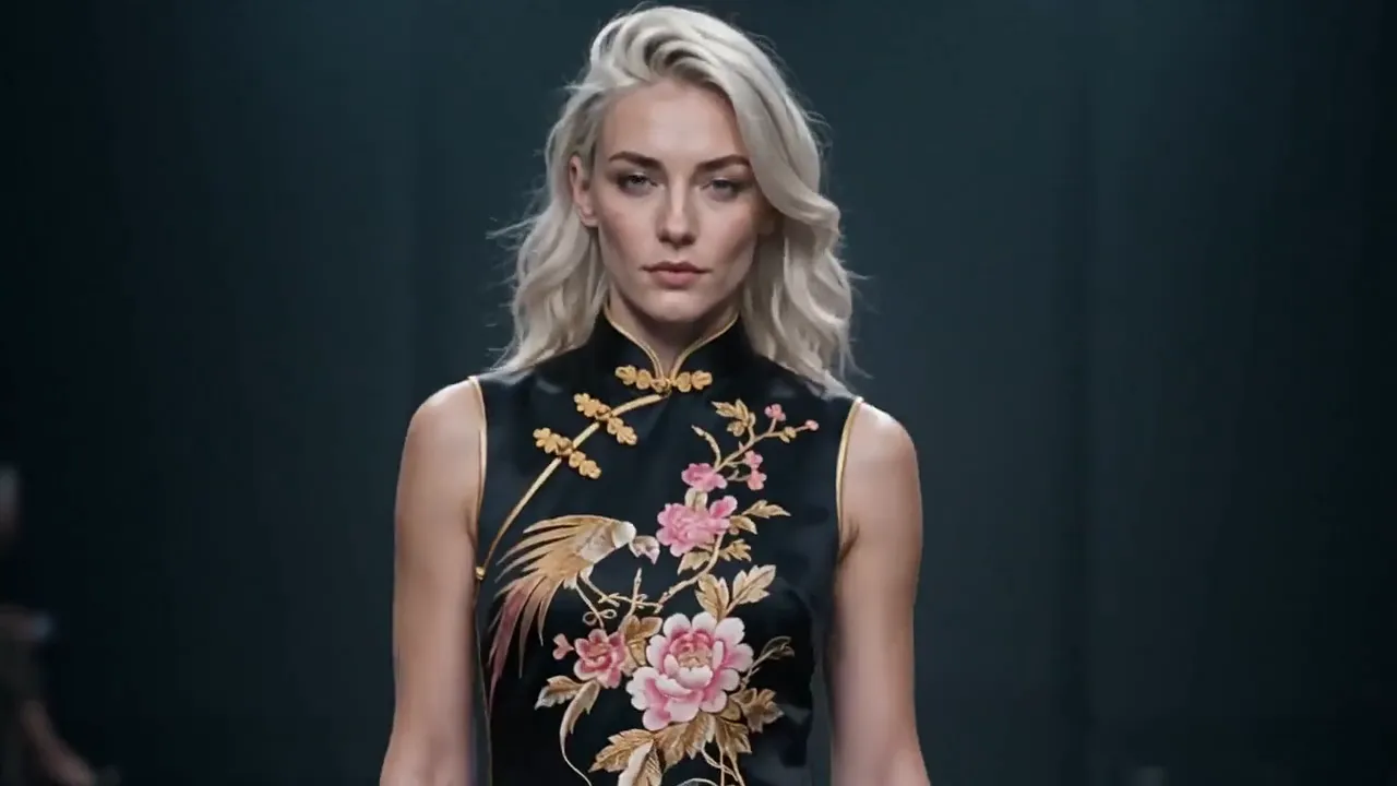 A model with platinum hair walks a dark runway in a black qipao embroidered with peonies.