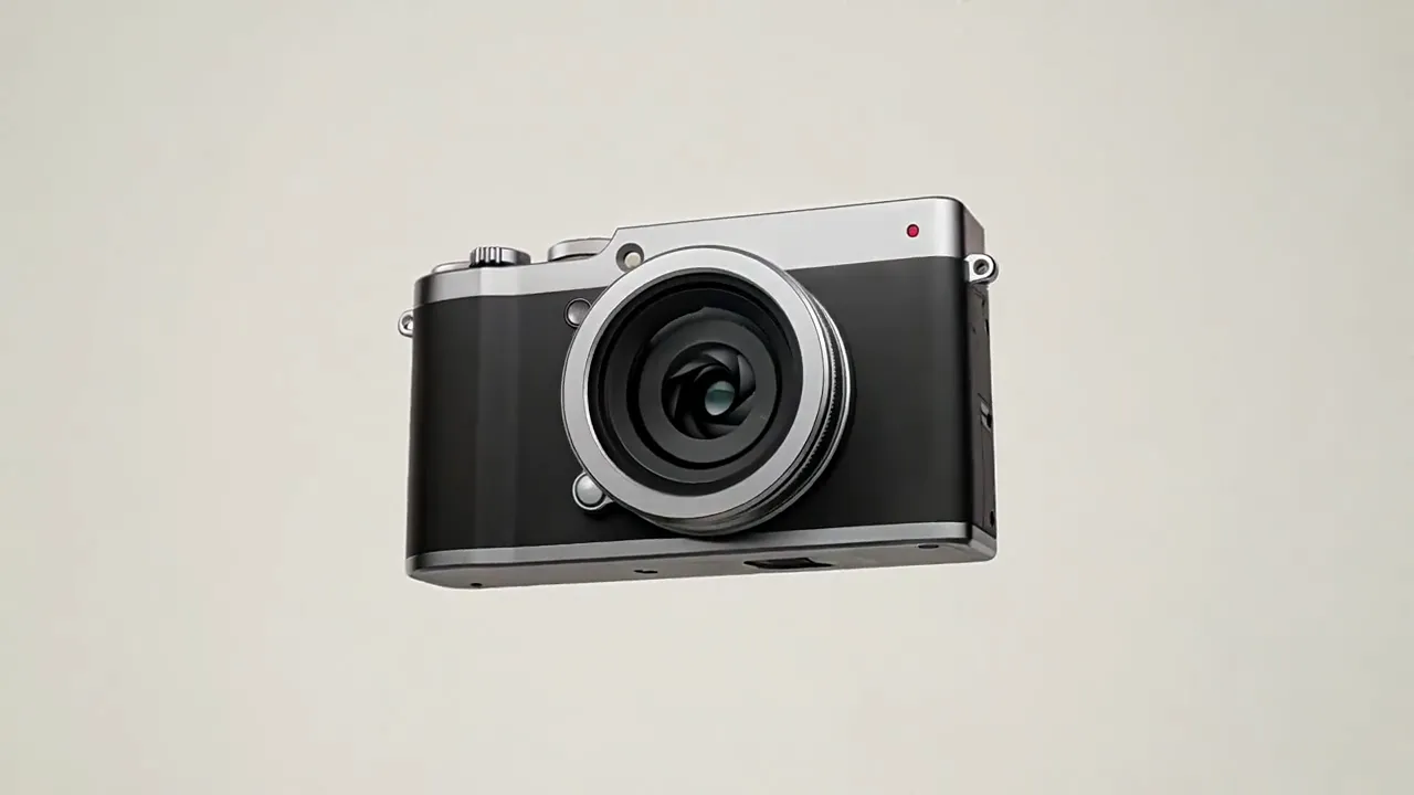 A silver and black compact camera floats against a pale backdrop.