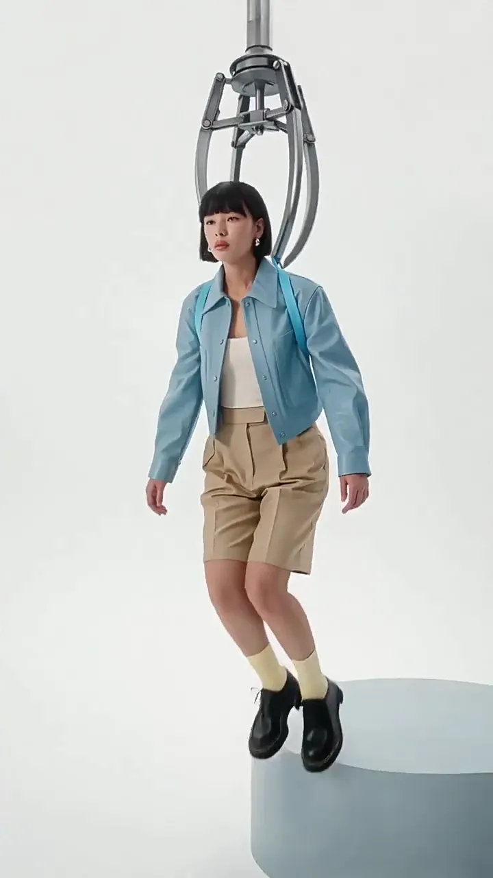 A crane claw lowers a model in a light-blue jacket and tan shorts onto a pastel studio pedestal.