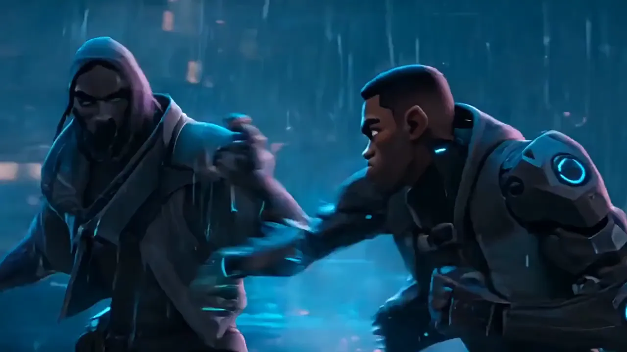 A hooded fighter and an armored soldier grapple over a glowing blue sword in the rain.