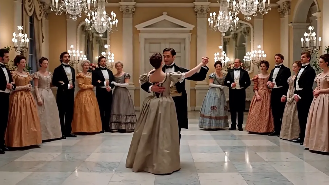 A couple in period evening wear waltzes across a marble ballroom as guests look on.