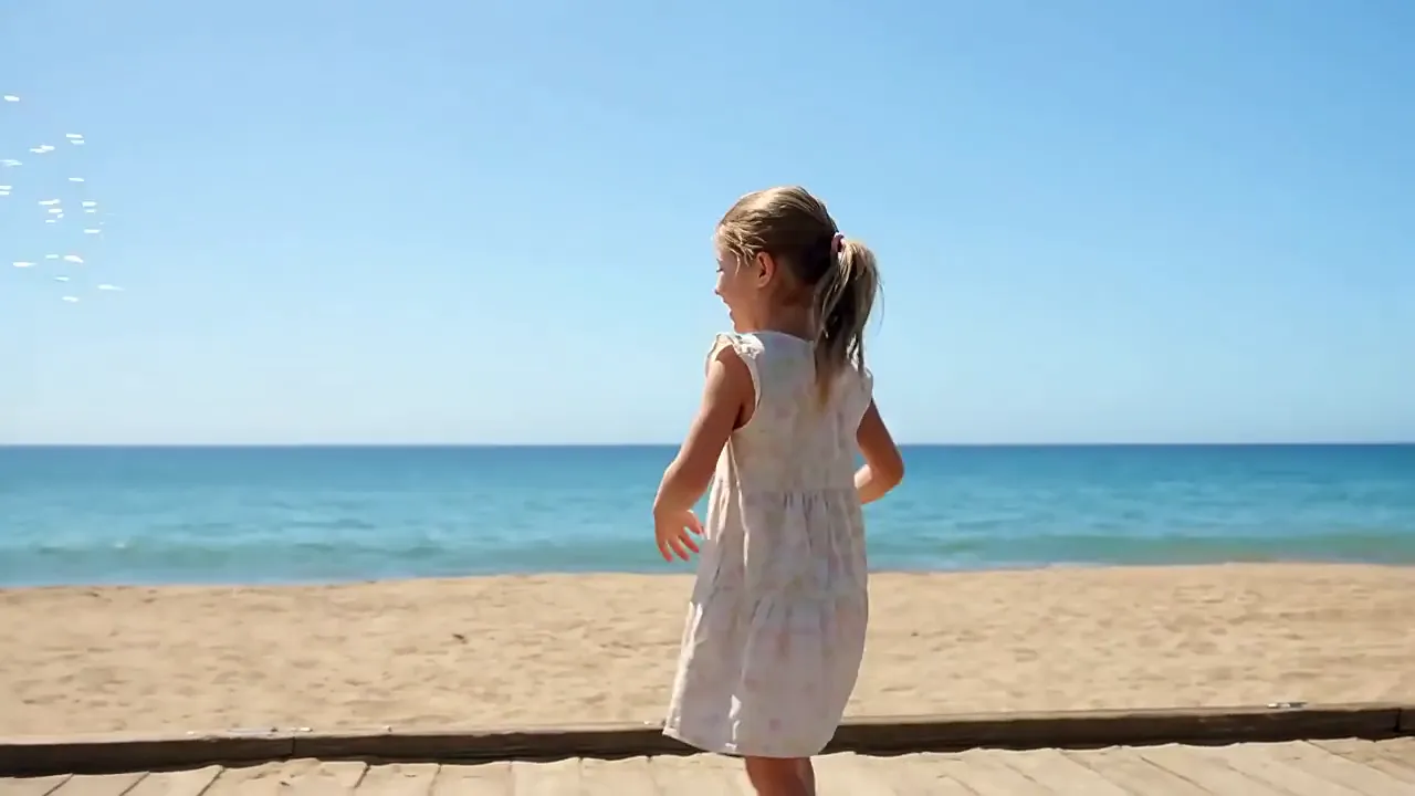 A young girl in a white summer dress runs along a sunny beach boardwalk chasing bubbles.