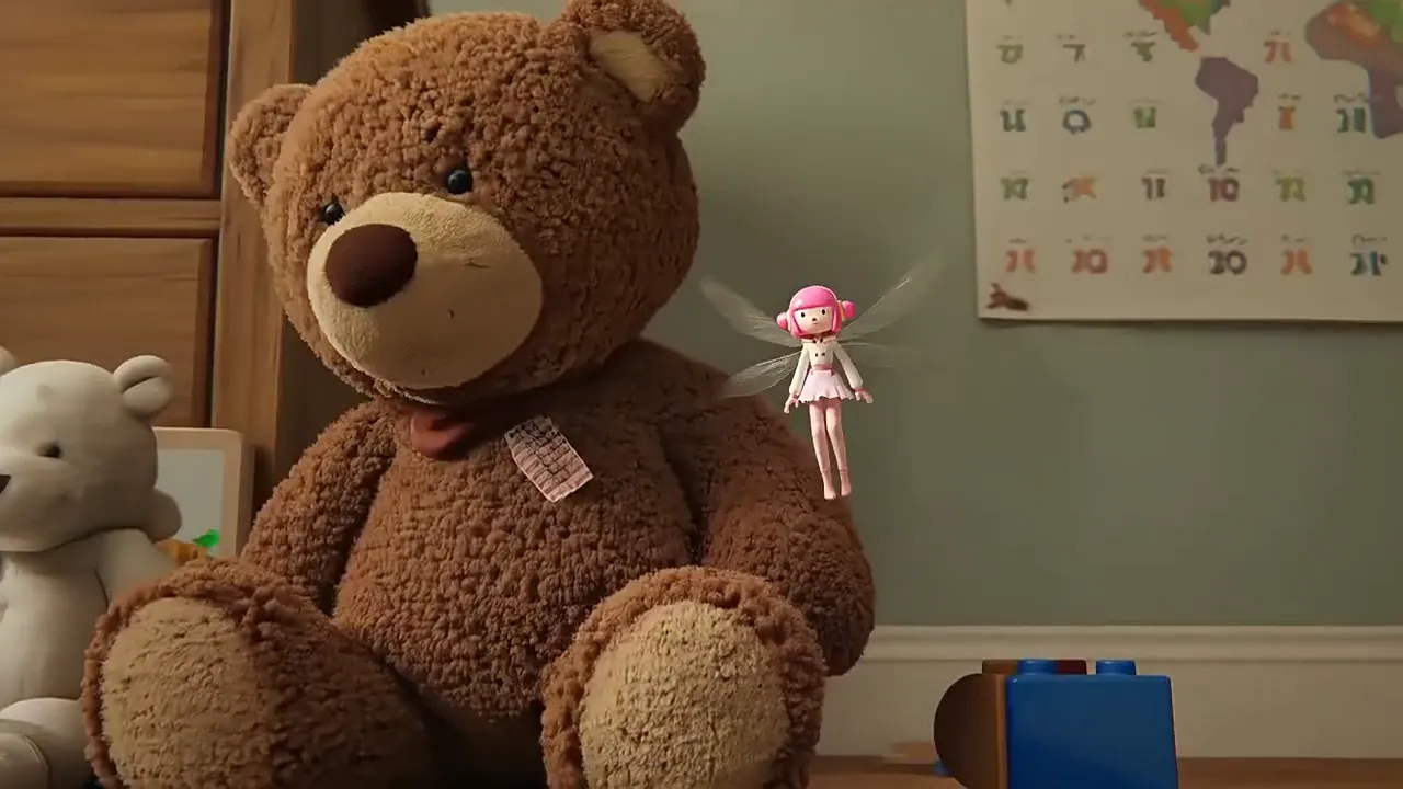 A tiny winged fairy hovers beside a large teddy bear in a child's toy room.